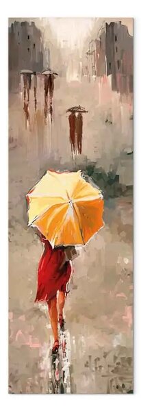 Quadro moderno Bellezza sotto la pioggia - silhouette di donna con ombrello giallo su sfondo grigio