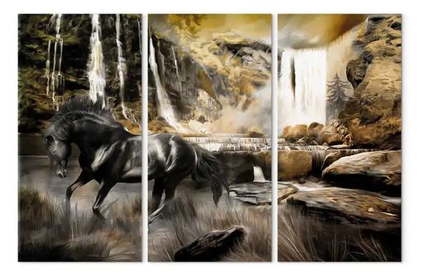 Quadro su tela Destriero nero e cascata rocciosa