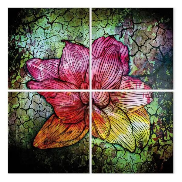 Quadro moderno Fiore che sboccia - pianta rosa astratta su uno sfondo verde