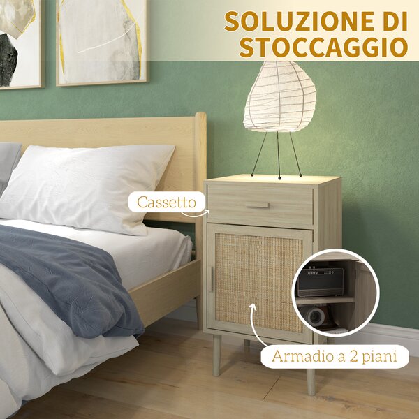 HOMCOM Set 2 Comodini per Camera da Letto con Cassetto e Anta in Rattan Stile Boho, Colore Legno|Aosom