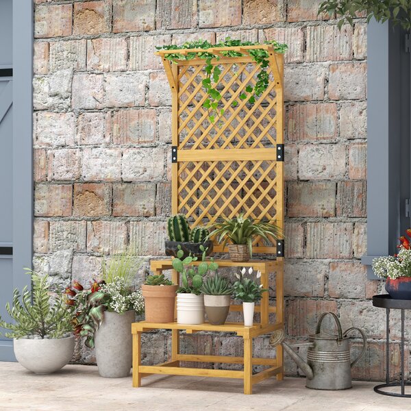 Outsunny Fioriera con Grigliato a 2 Livelli con Tetto e Ripiani a Doghe, in Legno di Abete, 60x50x166 cm|Aosom