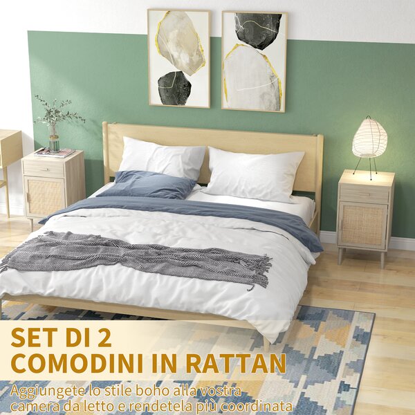 HOMCOM Set 2 Comodini per Camera da Letto con Cassetto e Anta in Rattan Stile Boho, Colore Legno|Aosom