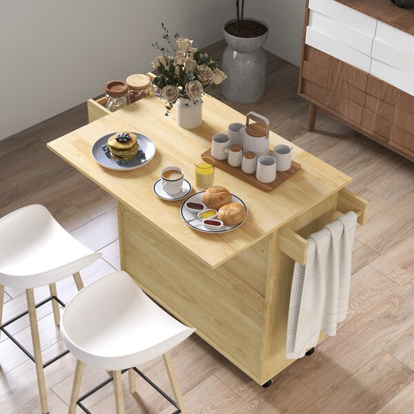 HOMCOM Carrello da Cucina con Piano Pieghevole, Cassetto e Armadietto in Legno e Rattan Stile Boho|Aosom