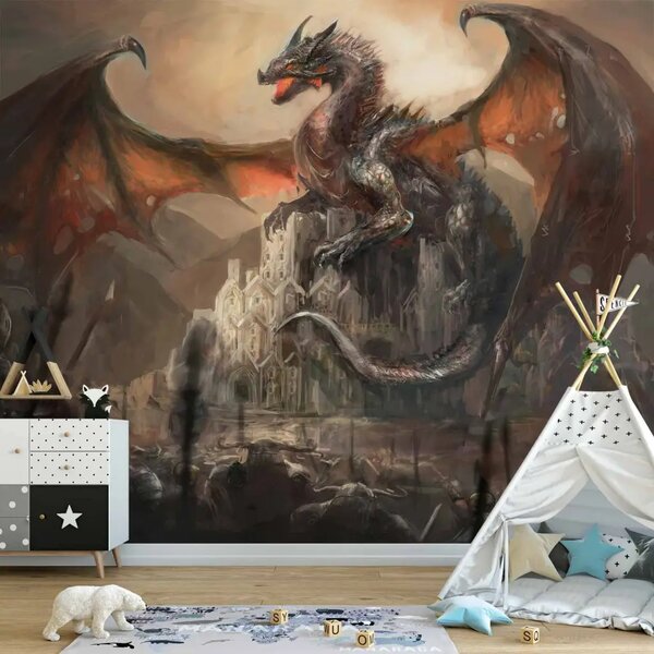 Carta da parati Castello del drago - fantasia per bambini con castello e cavaliere