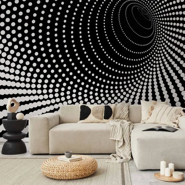 Carta da parati Tunnel 3D in bianco e nero - astrazione creata con punti