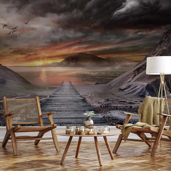 Carta da parati moderna Natura abbandonata - paesaggio montano con un cielo tramontante