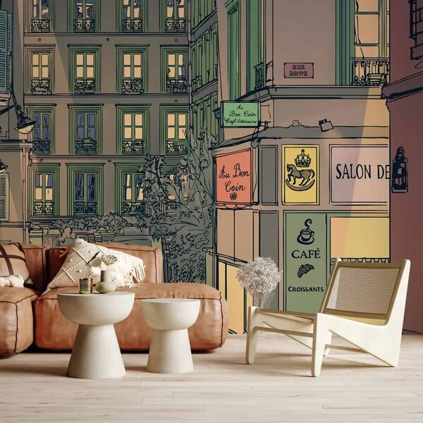 Carta da parati Colazione a Parigi - panorama urbano disegnato