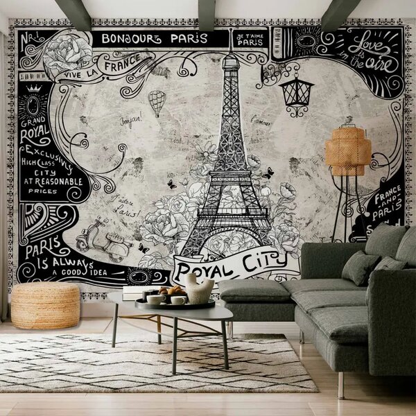 Carta da parati Bonjour Paris - collage bianconero con Torre Eiffel in stile francese