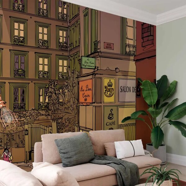 Carta da parati Cena a Parigi - panorama urbano disegnato