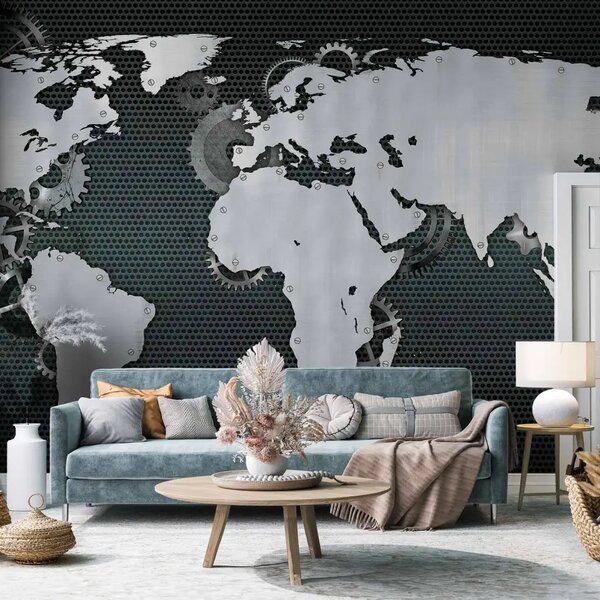 Carta da parati moderna Il mondo sta sparando - una mappa del mondo in stile Steampunk con una ruota dentata sullo sfondo