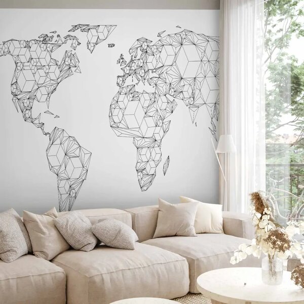 Carta da parati Mappa del mondo - forme geometriche dei continenti con contorni neri su sfondo bianco