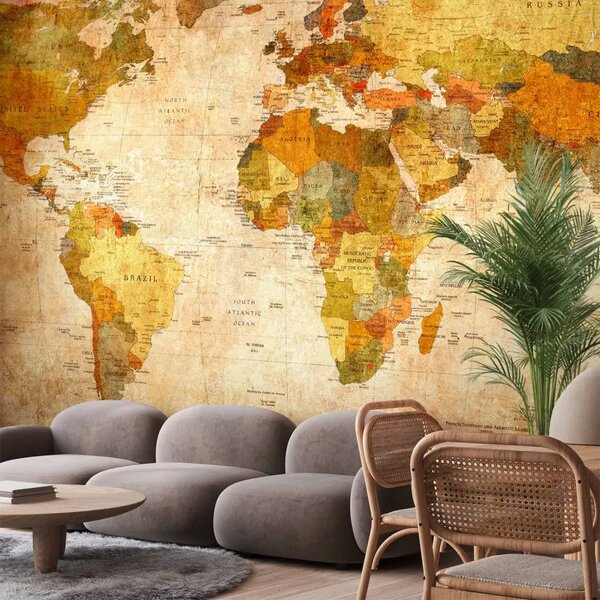 Carta da parati Mappa del mondo - mappamondo con paesi e capitali in stile retrò
