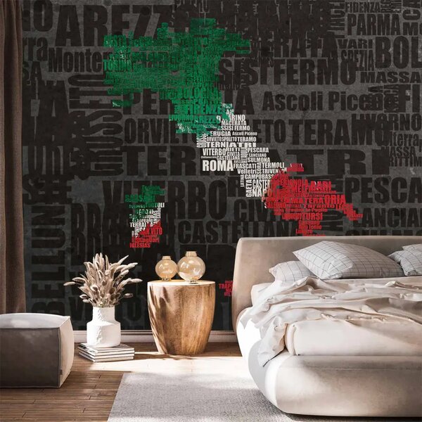 Carta da parati moderna Italia - mappa nei colori della bandiera su sfondo e nomi delle città