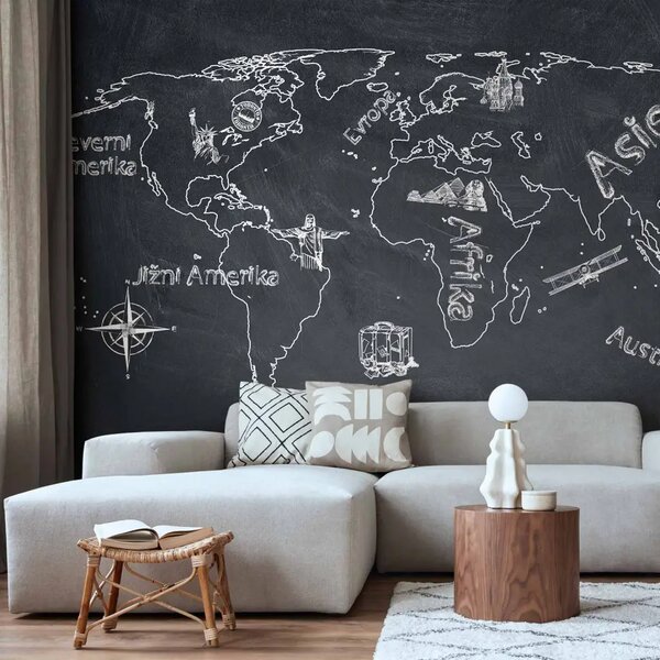 Carta da parati moderna Mappa del mondo - continenti su sfondo nero con scritte in ceco