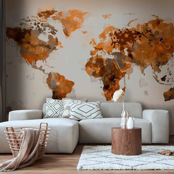 Carta da parati moderna Mondo in marrone - mappa del mondo in tonalità marroni su sfondo chiaro