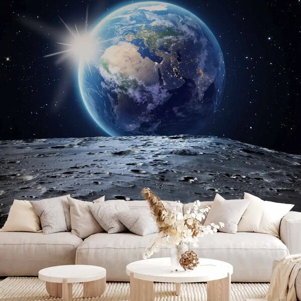 Carta da parati Vista sul Pianeta Blu - Terra vista dalla Luna su cielo stellato