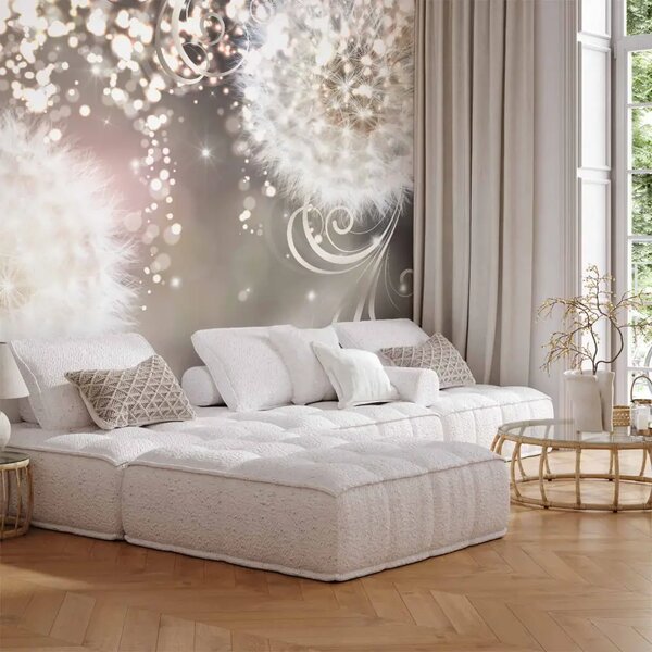 Carta da parati Fiori incantati - soffioni luminosi con ornamenti argentati