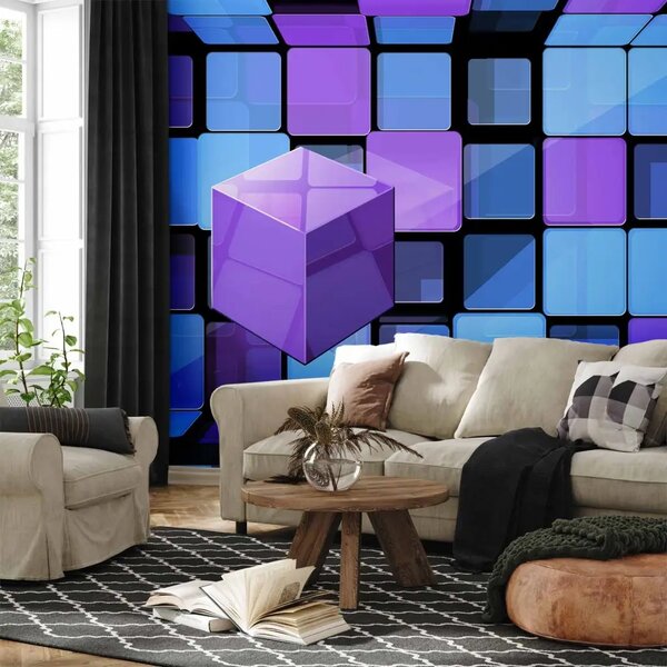 Carta da parati Cubo di Rubik su sfondo geometrico blu e viola