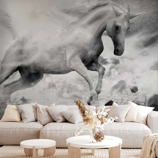 Carta da parati moderna Fantasia in bianco e nero - mondo con cavallo bianco, luna e figure
