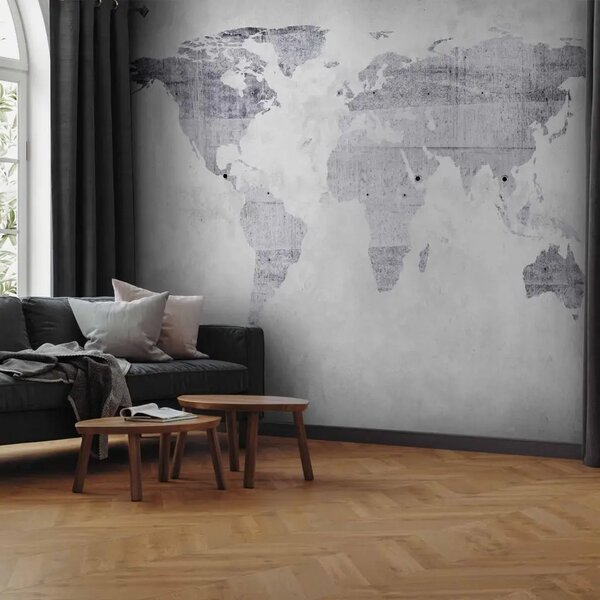 Carta da parati Mappa di cemento - mappa del mondo su sfondo cemento grigio