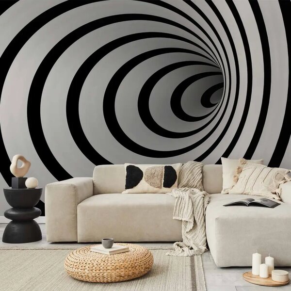 Carta da parati moderna Tunnel 3D in bianco e nero - illusione ottica astratta