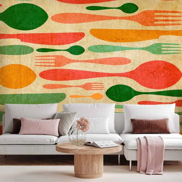 Carta da parati moderna Posate - arancio e verde - motivo con forchette, cucchiai e coltelli colorati