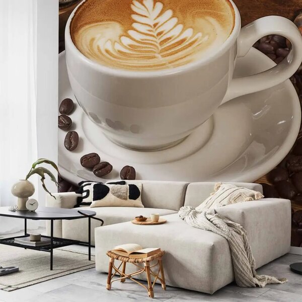 Carta da parati moderna Forse un caffè? tazza bianca di bevanda aromatica con chicchi sparsi