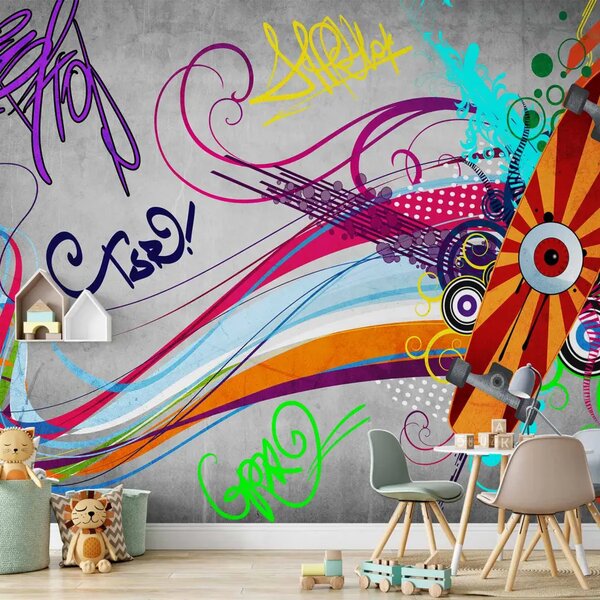 Carta da parati moderna Skateboard - street art con striscia colorata su sfondo grigio