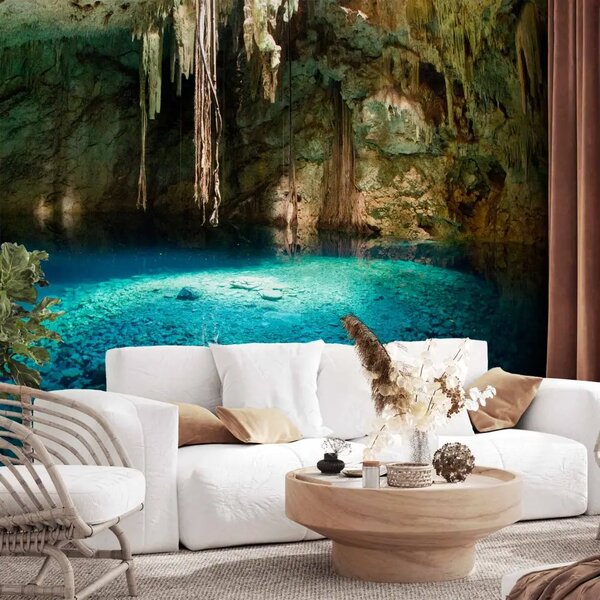 Carta da parati moderna Grotta di stalattiti - grotta tropicale con lago azzurro