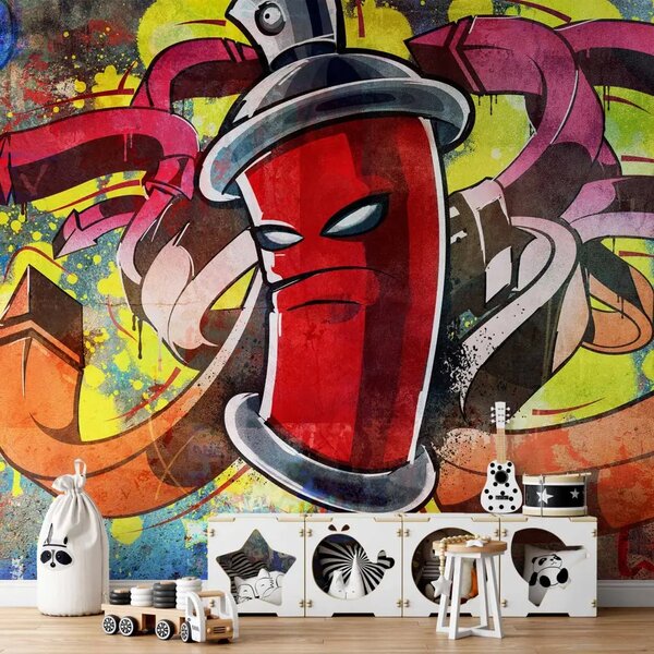 Carta da parati Mostro graffiti - street art con bomboletta al centro e sfondo colorato