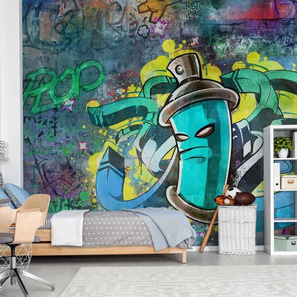 Carta da parati Creatore di graffiti - street art con bomboletta verde su sfondo colorato