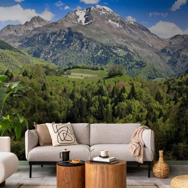 Carta da parati Vacanze in Montagna - panorama tra verdi colline e alte montagne