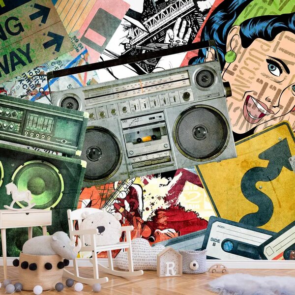 Carta da parati Graffiti Girl - collage street art con volto di donna e musica