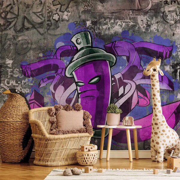 Carta da parati moderna Bomboletta spray per graffiti - street art con spray viola su sfondo grigio