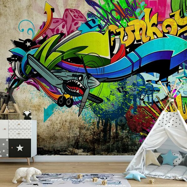 Carta da parati moderna Funky graffiti - street art colorata su sfondo beige