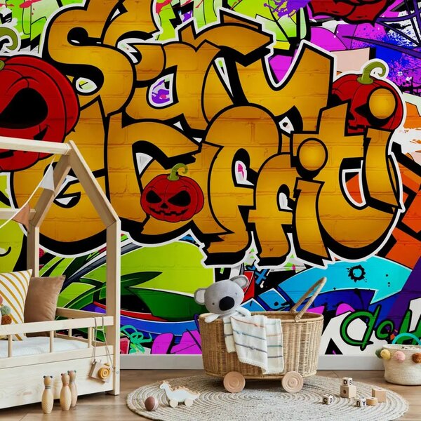 Carta da parati moderna Graffiti spaventosi - street art con zucche su muro di mattoni