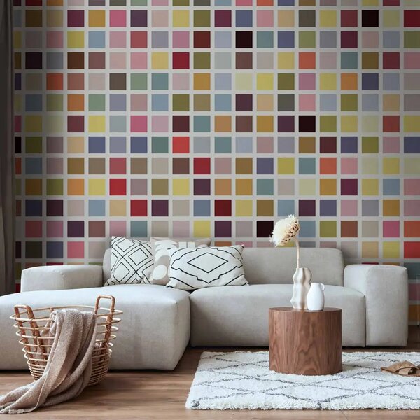Carta da parati Mosaico di colori - motivo geometrico di quadrati multicolori con linee bianche