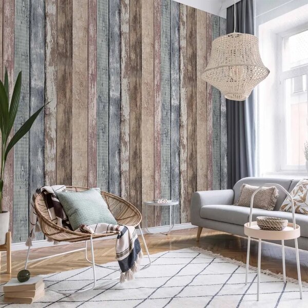 Carta da parati moderna Recinto in legno - modello con assi verticali blu, rosa e marroni