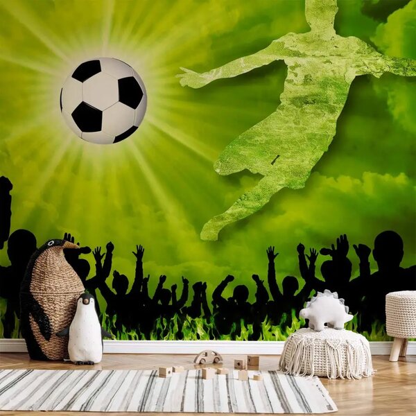 Carta da parati moderna Vittoria - silhouette di calciatore e tifosi con pallone su sfondo cielo