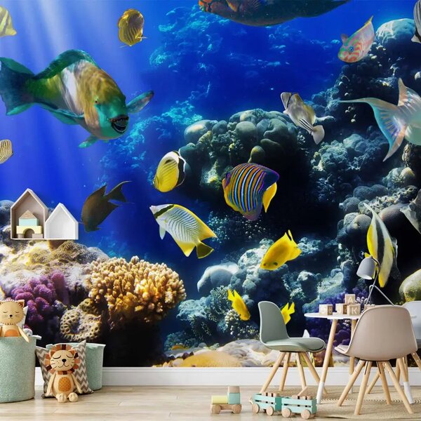Carta da parati moderna Avventura subacquea - pesci colorati e barriera corallina in oceano azzurro
