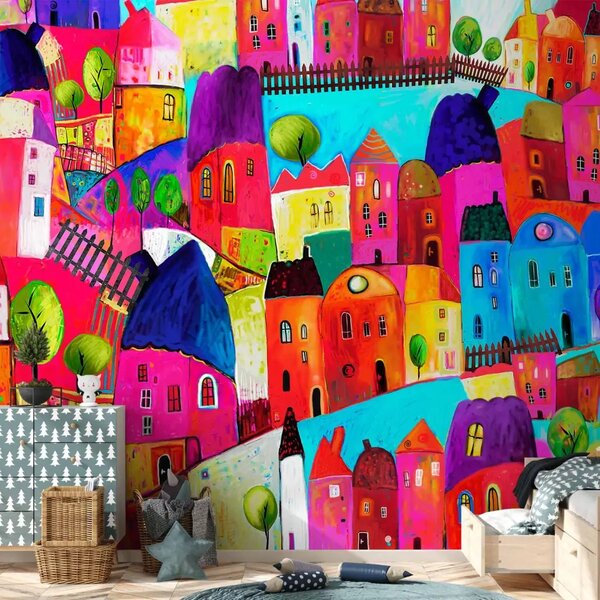 Carta da parati moderna Città arcobaleno - casette colorate in tonalità pastello