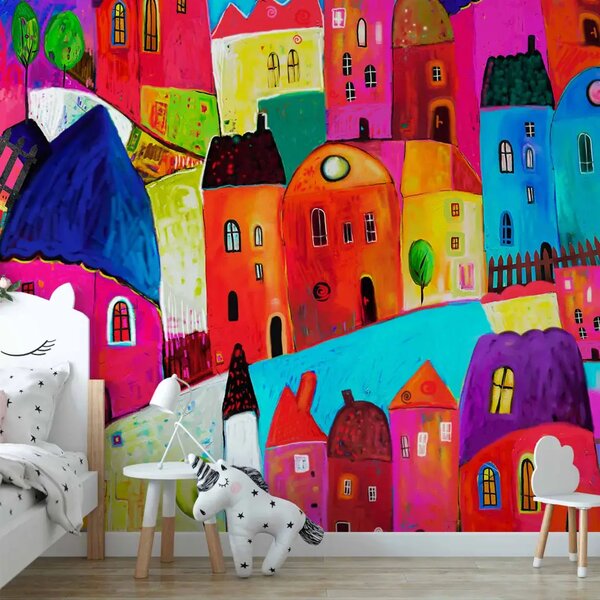 Carta da parati moderna Città dell'arcobaleno - città colorata con edifici e alberi