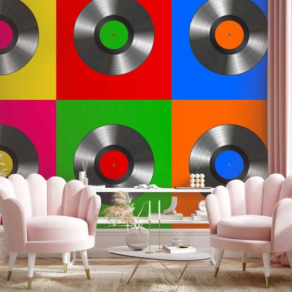 Carta da parati Pop art - colorati dischi in vinile artistici in diverse composizioni