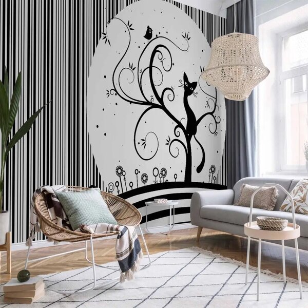 Carta da parati moderna Melodia felina III - animali su albero in bianco e nero