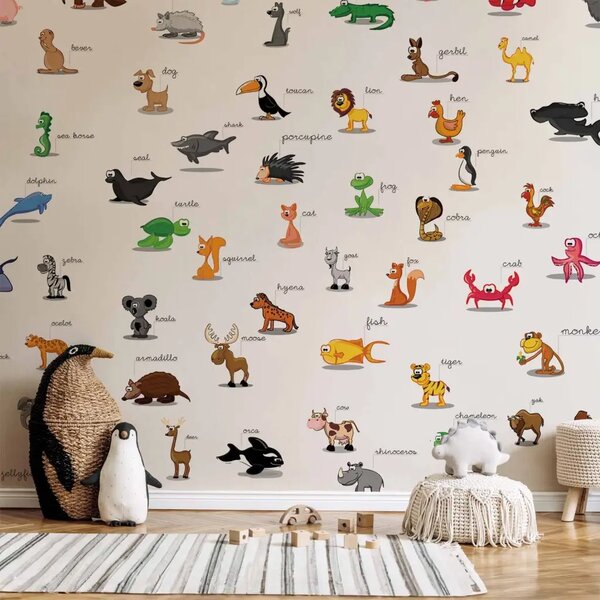 Carta da parati Animali per bambini con nomi in inglese per l’apprendimento