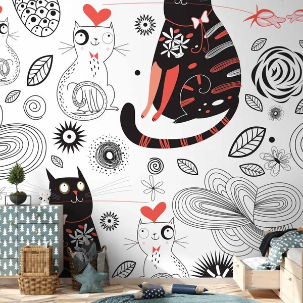 Carta da parati Gattini innamorati - due gatti con ornamenti di foglie, cuori e fiori