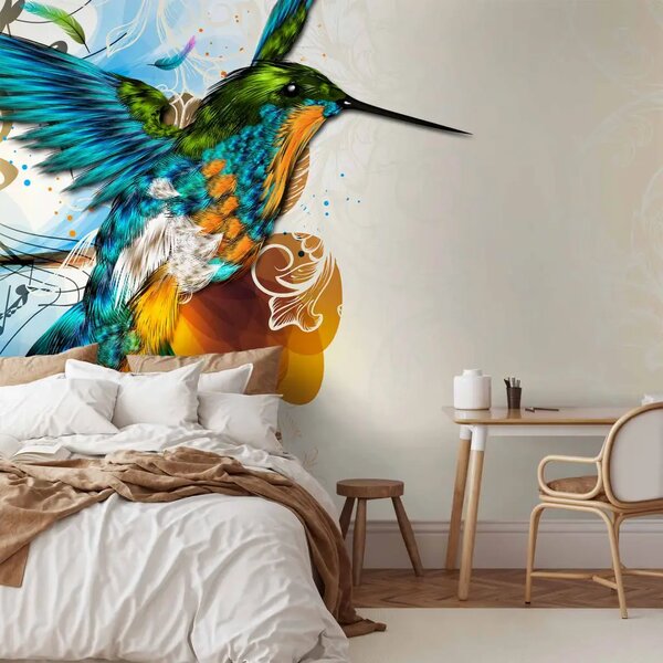 Carta da parati Colibrì colorato - fantasia con note musicali su sfondo beige