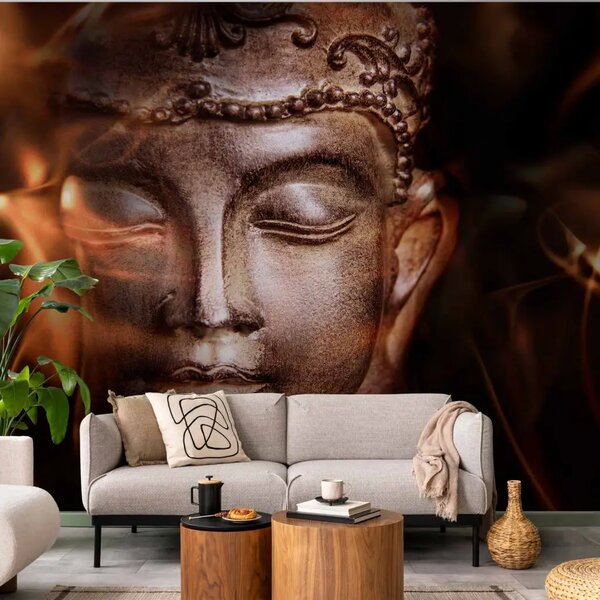 Carta da parati Buddha e fuoco della meditazione - statua tra fiamme su sfondo nero
