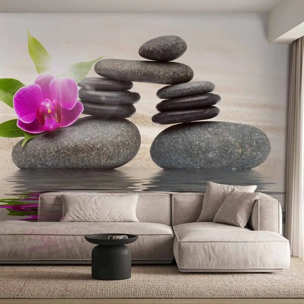 Carta da parati Feng shui - pietre zen con orchidea e foglie su una superficie d'acqua