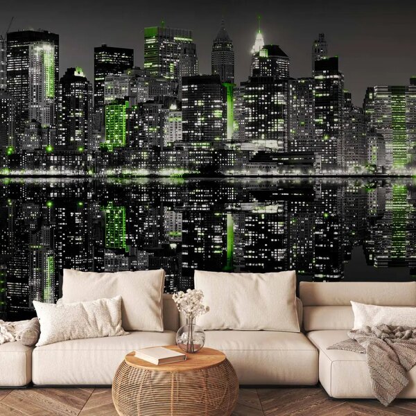 Carta da parati moderna New York di notte - panorama urbano con grattacieli e accento verde